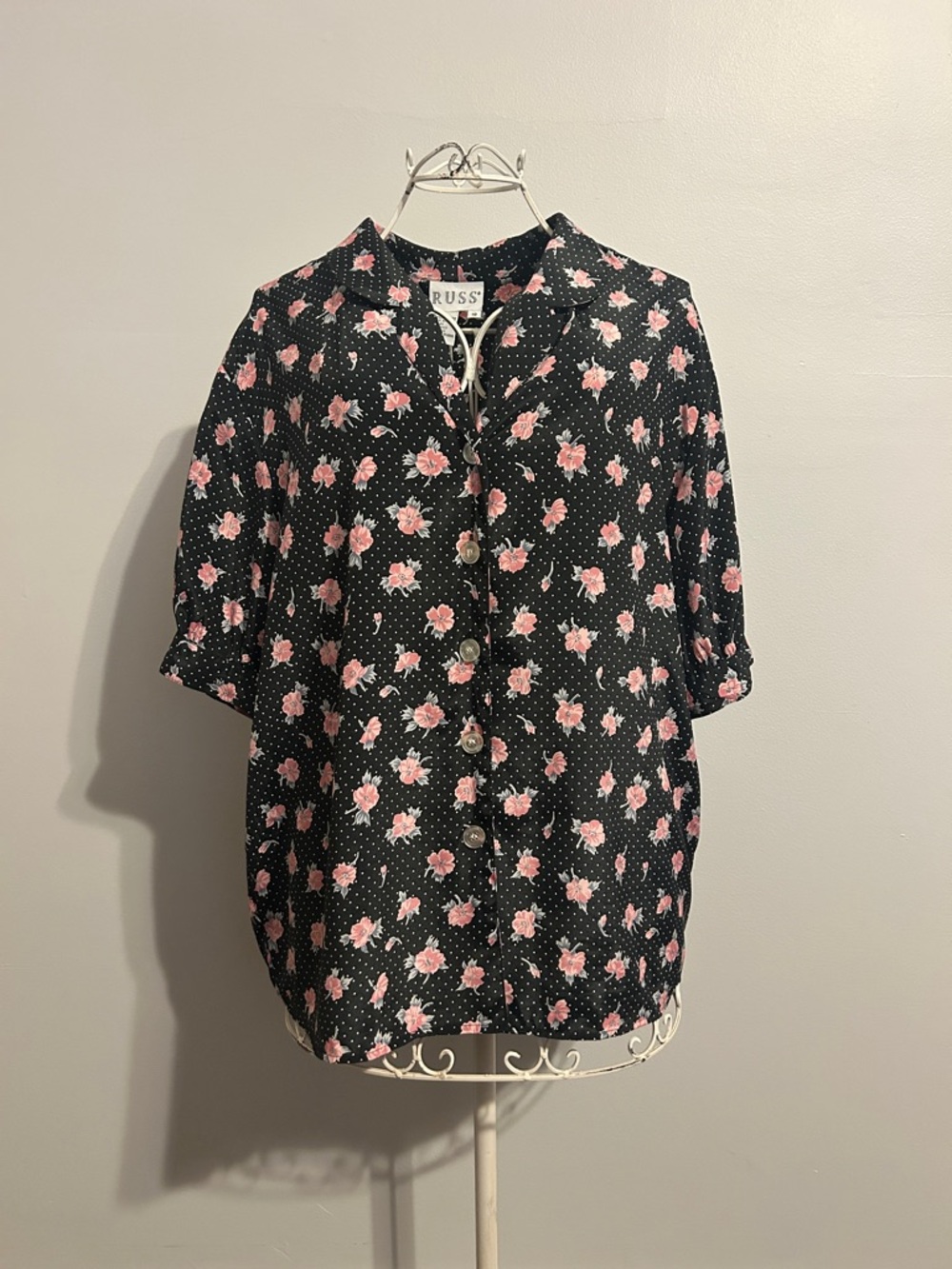 RUSS Black Button-Front Top with Pink Floral Print